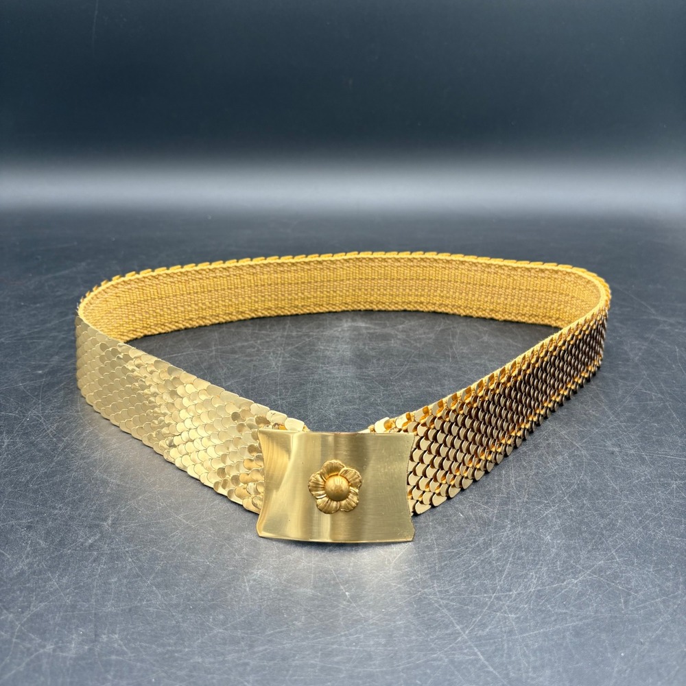 Vintage Gold Tone Scale Mail Belt Flower Buckle Metallic Fish Scale 30.5in